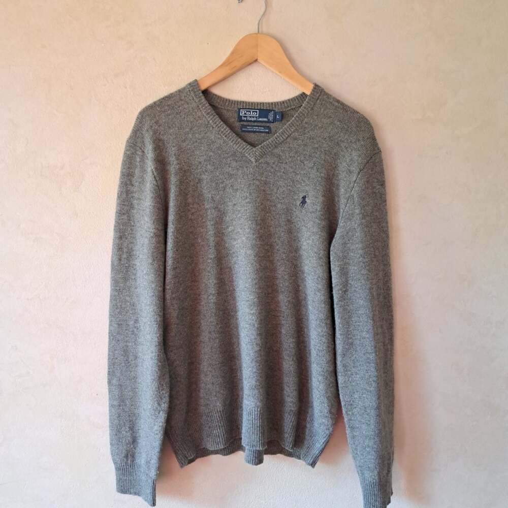 POLO RALPH LAUREN Mens Large Heather Gray 100% Lambswool V-Neck Knit Sweater